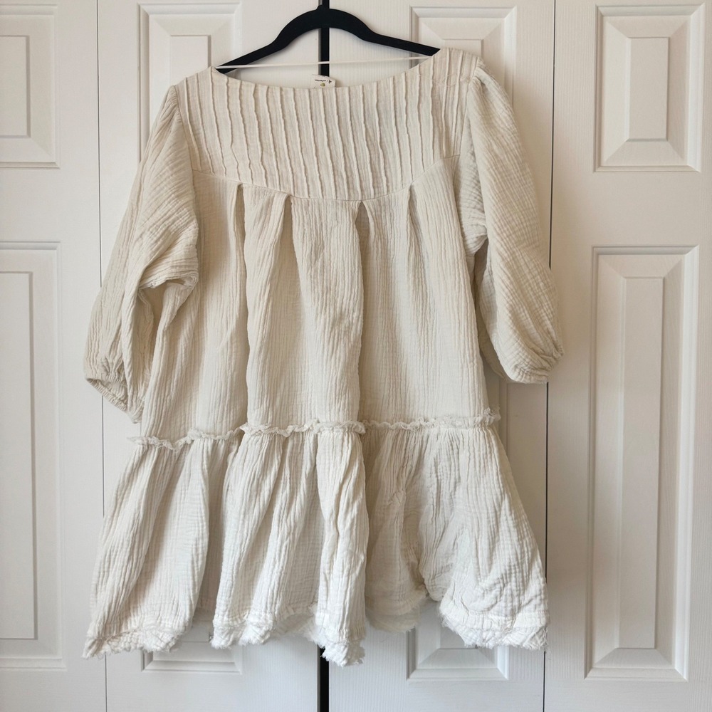By Together Cream Gauze Babydoll Tunic Top Tiered Ruffle Raw Hem Womens Medium - Picture 2 of 4